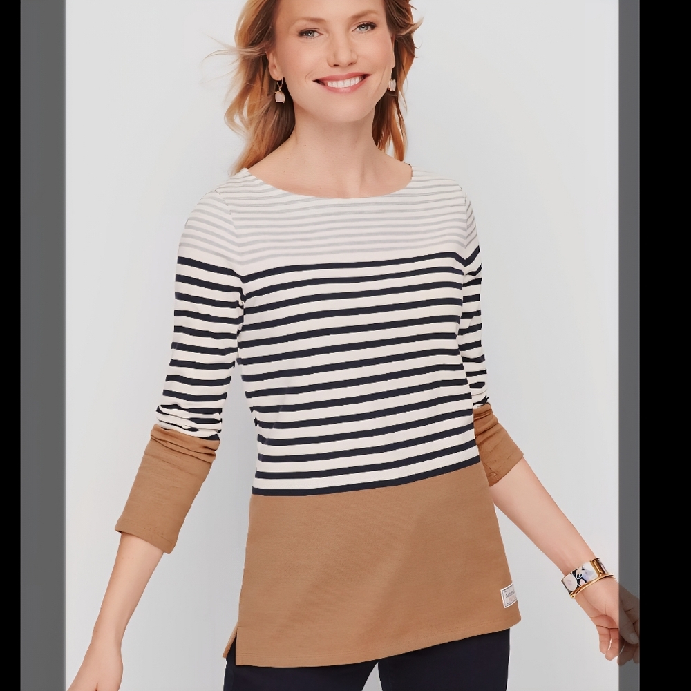 Talbots Randall Stripe  Three Quarter Sleeve White Black Stripes Boat Neck Top
